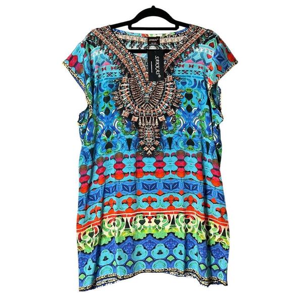 Sakkas Cover Up Womens OS Blue Multi Color V Neck Beach Dress Rhinestones NEW - Picture 1 of 9